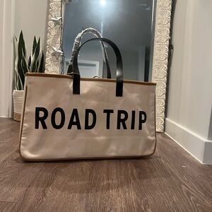 ROAD TRIP LARGE CANVAS TOTE BAG W BLACK LEATHER SHOULDER STRAPS